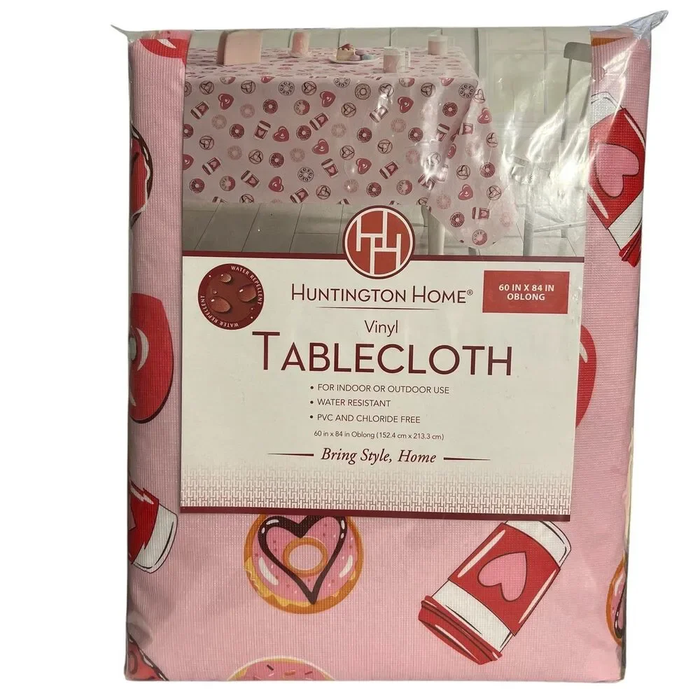 Huntington Home Vinyl Tablecloth 60x84 Pink Hearts Coffee Donuts Valentines Day